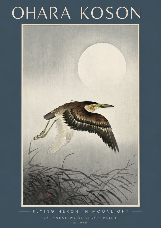 Ohara Koson Flying Heron in Moonlight No4 - Poster