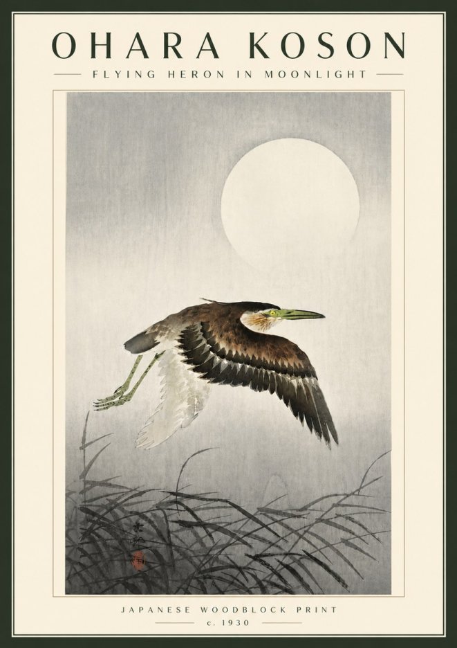 Ohara Koson Flying Heron in Moonlight No5 - Poster