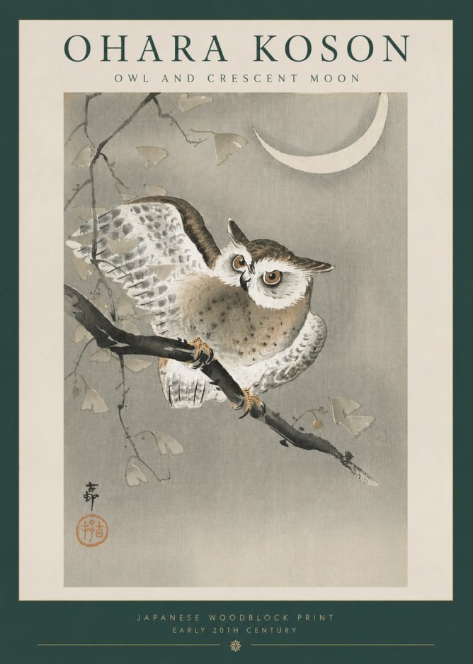 Ohara Koson Owl and Crescent Moon No6 - Poster