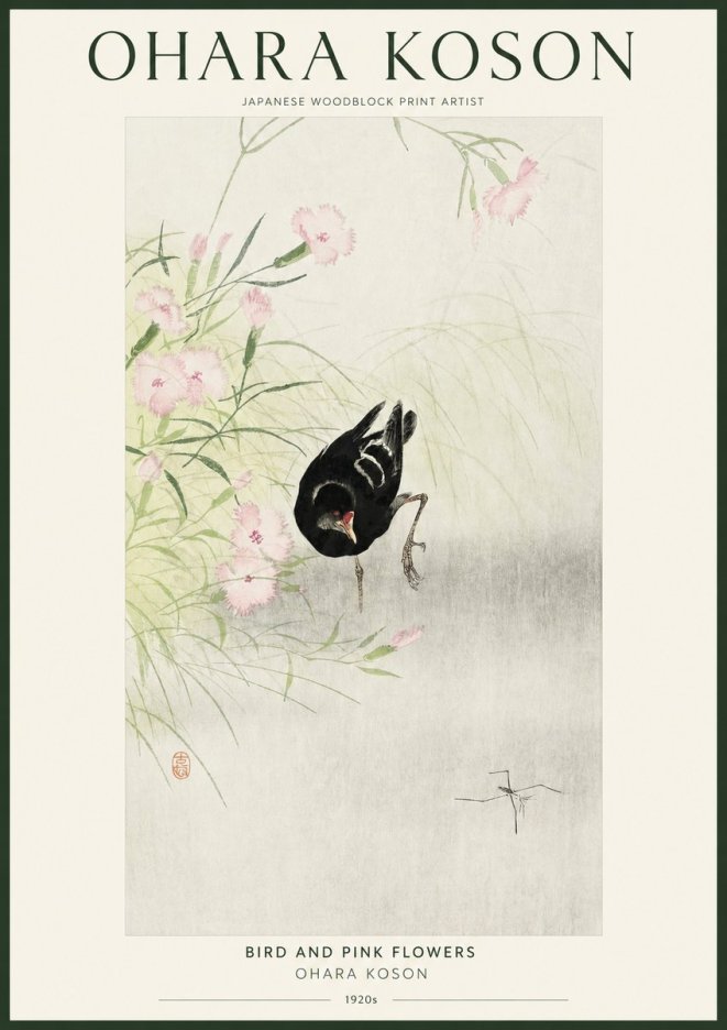 Ohara Koson Bird and Pink Flowers No1 - Poster