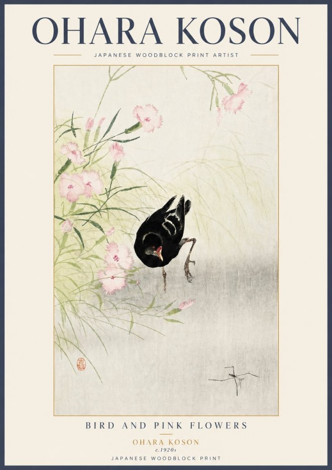 Ohara Koson Bird and Pink Flowers No3 - Poster