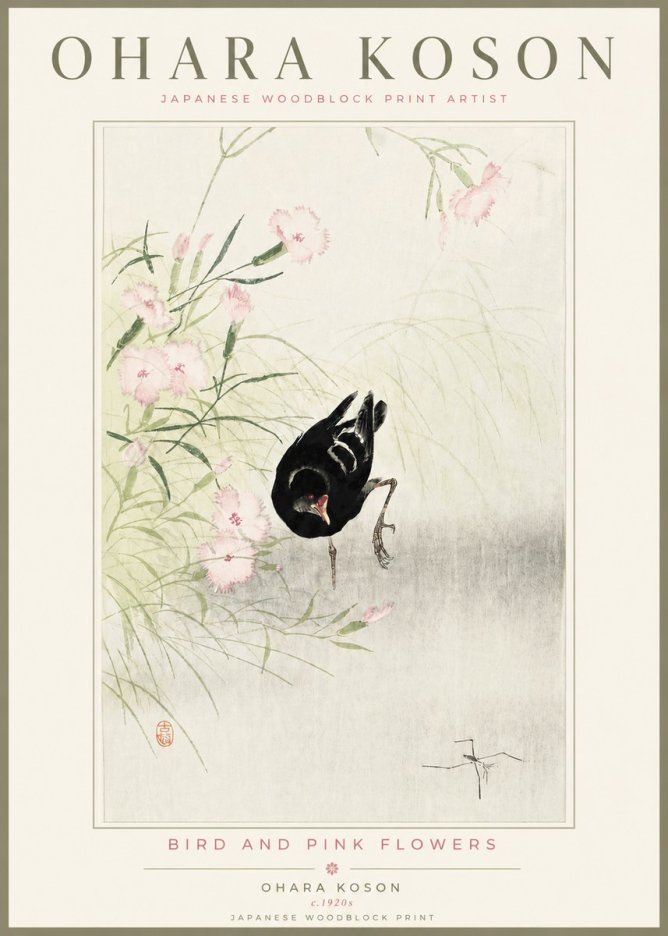 Ohara Koson Bird and Pink Flowers No4 - Poster