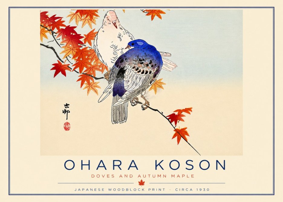Ohara Koson Doves and Autumn Maple No6 - Poster