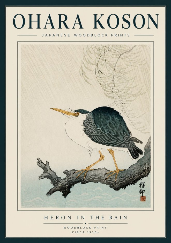 Ohara Koson Heron in the Rain No5 - Poster