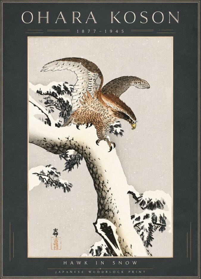 Ohara Koson Hawk in Snow No6 - Poster