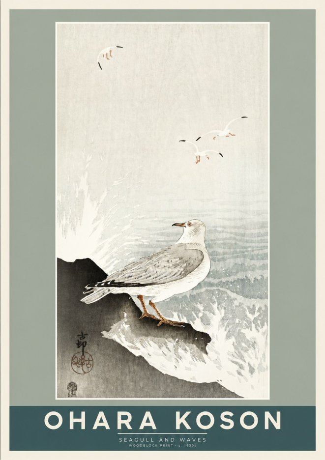 Ohara Koson Seagull and Waves No2 - Poster