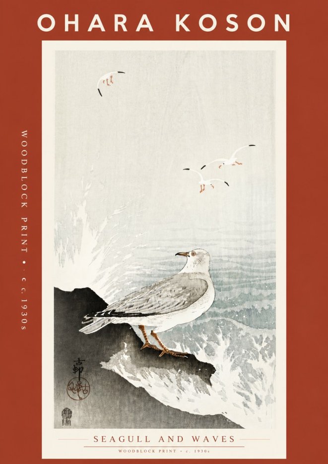 Ohara Koson Seagull and Waves No5 - Poster