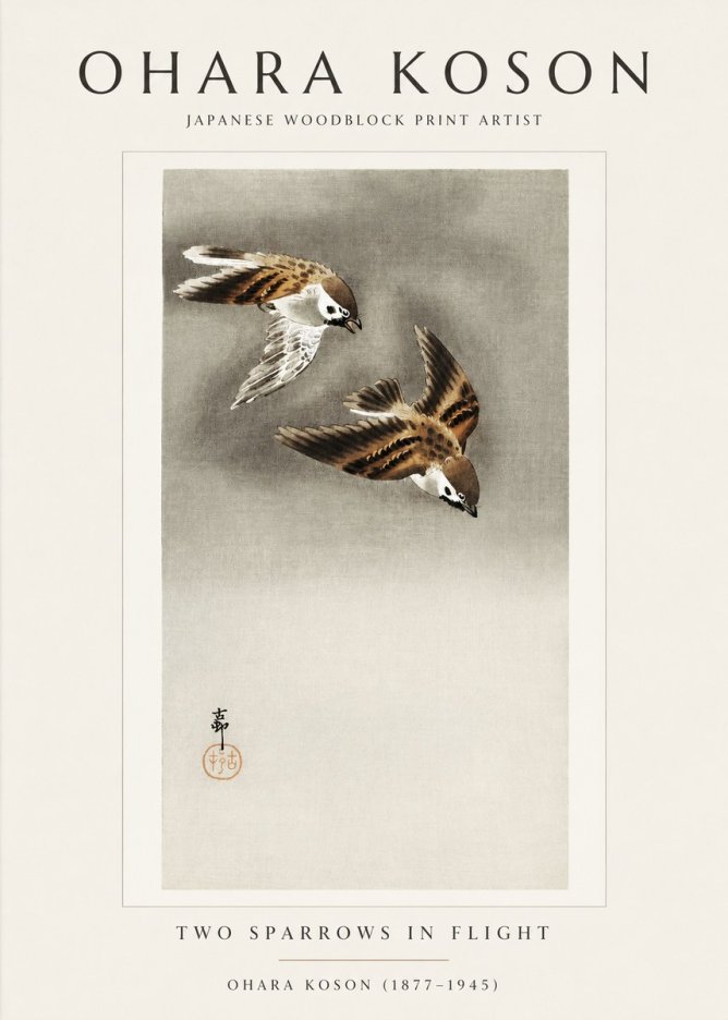 Ohara Koson Two Sparrows in Flight No1 - Poster