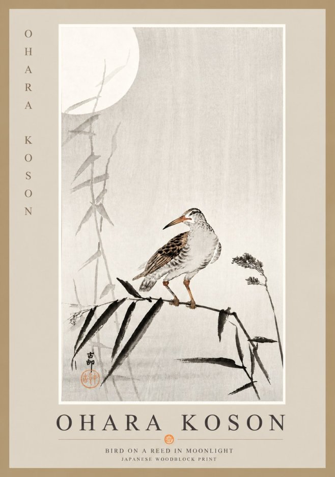 Ohara Koson Bird on a Reed in Moonlight No6 - Poster