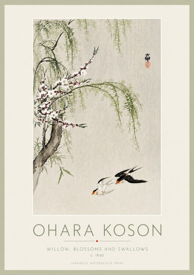 Ohara Koson Willow, Blossoms and Swallows No3 - Poster