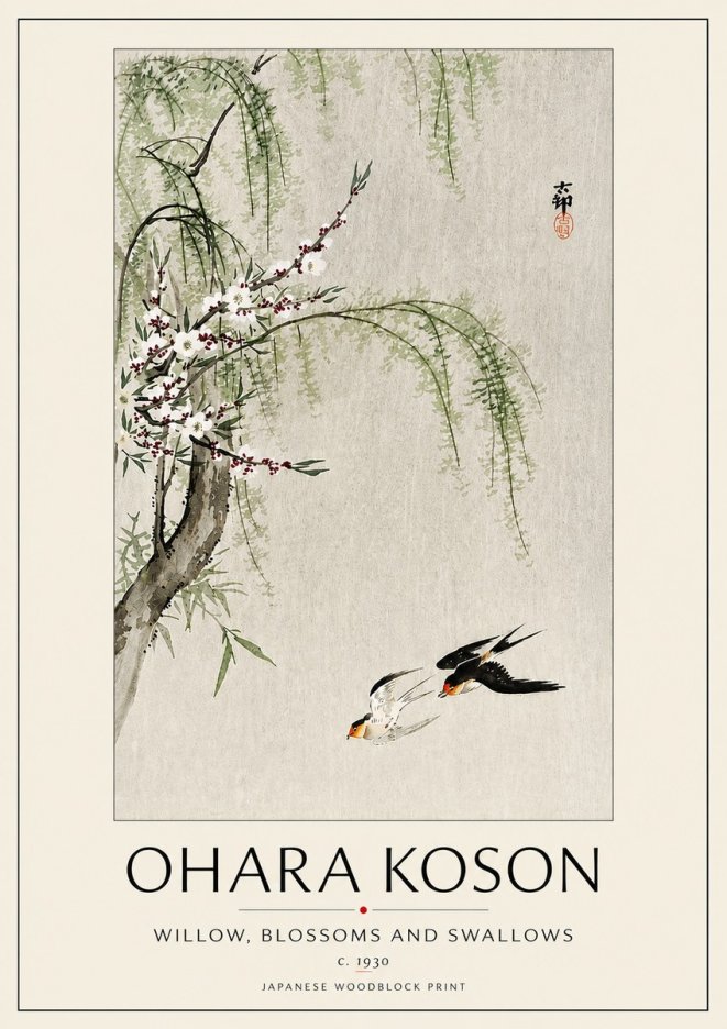 Ohara Koson Willow, Blossoms and Swallows No5 - Poster