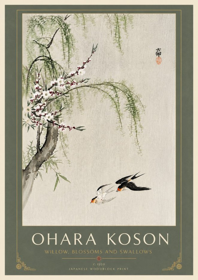 Ohara Koson Willow, Blossoms and Swallows No6 - Poster