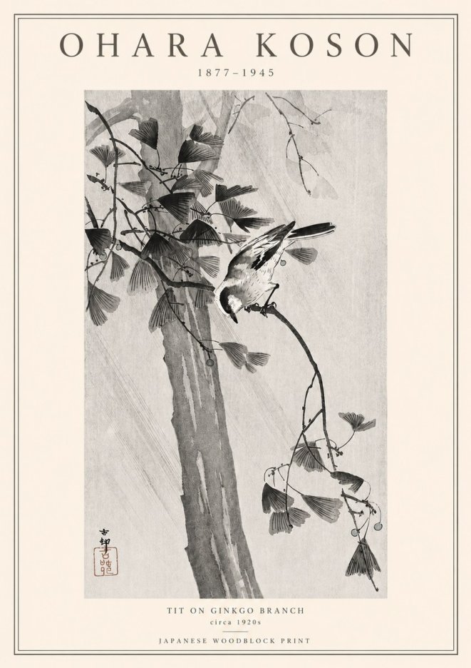 Ohara Koson Tit on Ginkgo Branch No3 - Poster