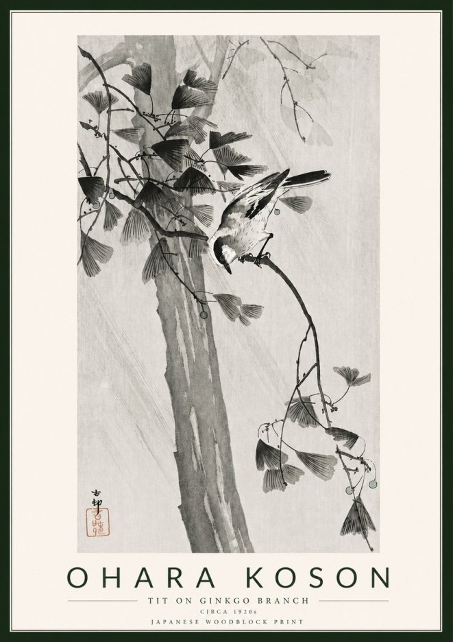 Ohara Koson Tit on Ginkgo Branch No5 - Poster