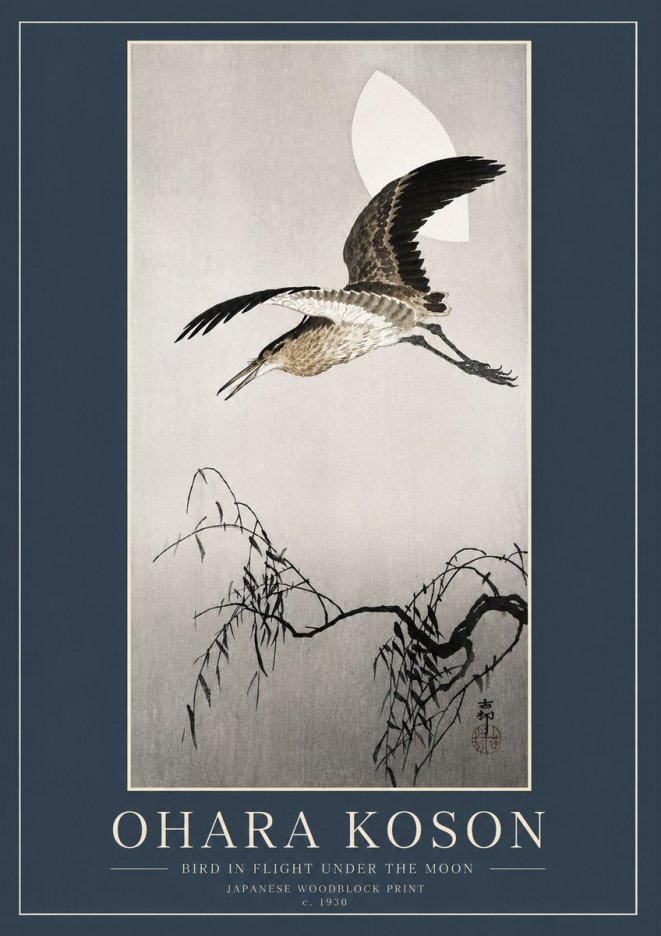 Ohara Koson Bird in Flight Under the Moon No6 - Poster