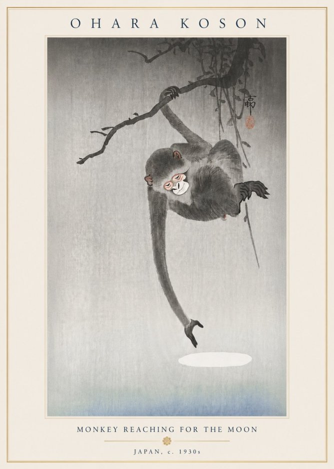 Ohara Koson Monkey Reaching for the Moon No4 - Poster