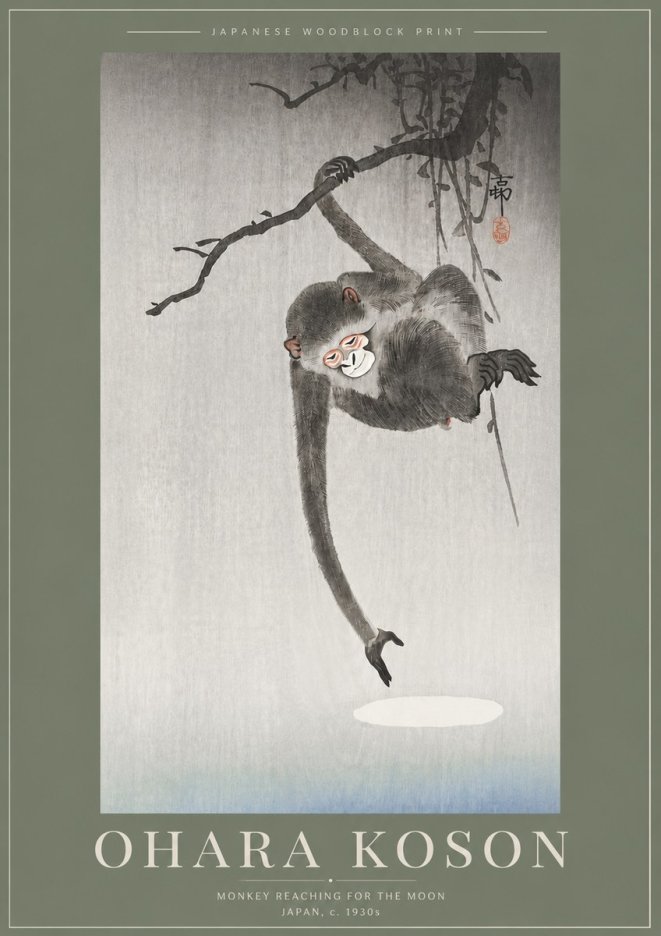 Ohara Koson Monkey Reaching for the Moon No5 - Poster