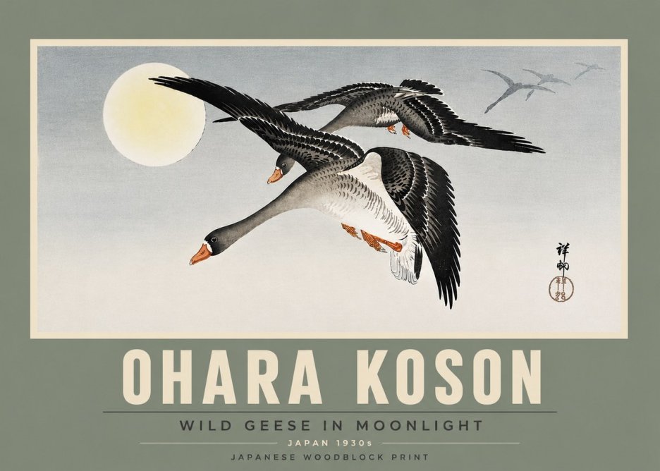 Ohara Koson Wild Geese in Moonlight III No5 - Poster