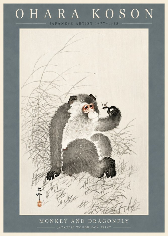 Ohara Koson Monkey and Dragonfly No2 - Poster