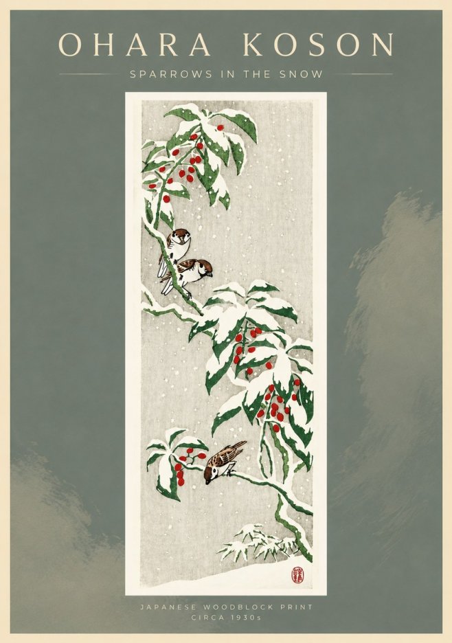 Ohara Koson Sparrows in the Snow No4 - Poster