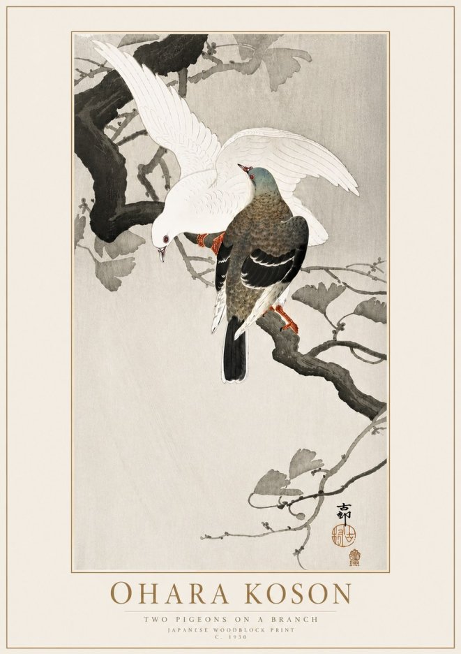 Ohara Koson Two Pigeons on a Branch No4 - Poster