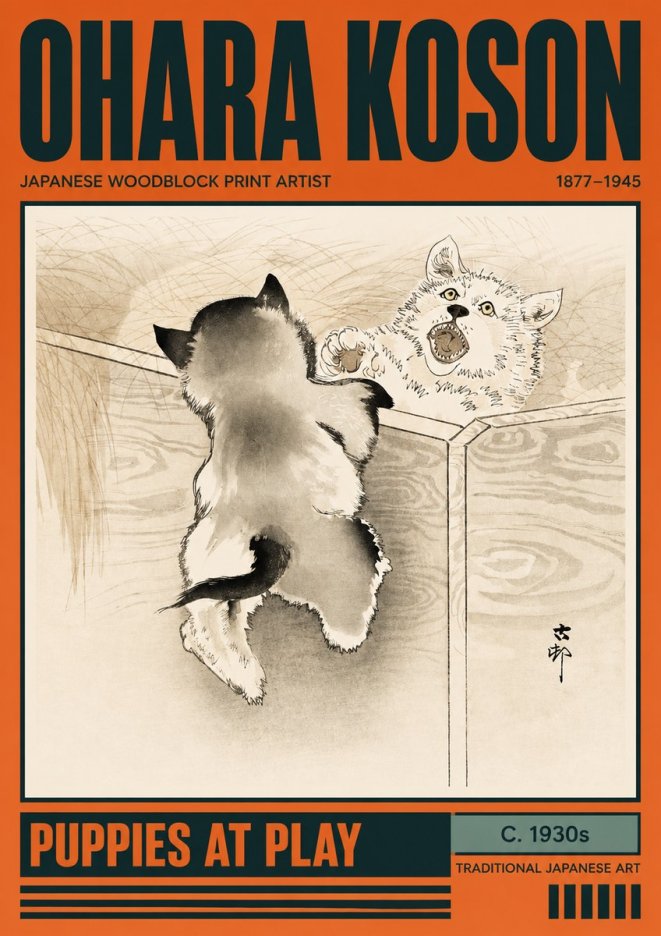 Ohara Koson Puppies at Play No2 - Poster
