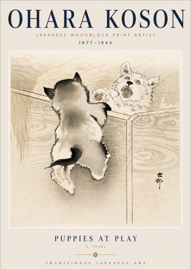 Ohara Koson Puppies at Play No3 - Poster