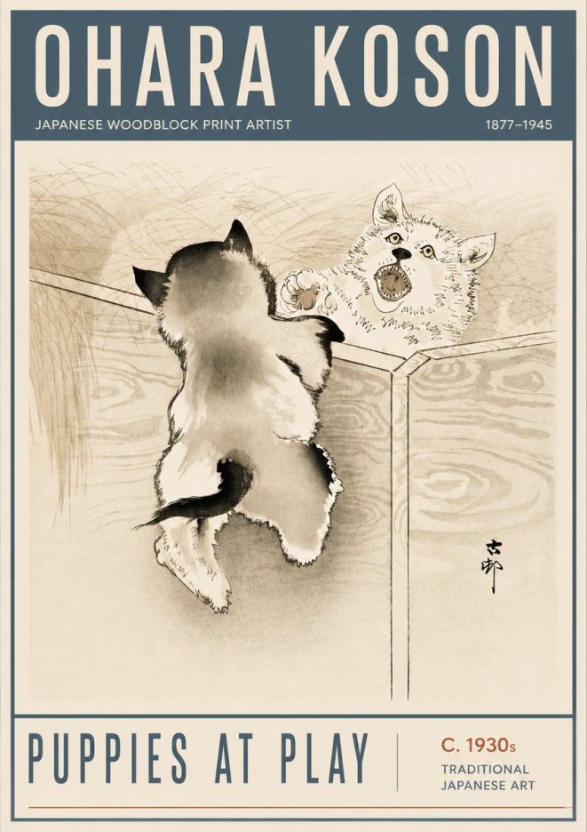 Ohara Koson Puppies at Play No6 - Poster