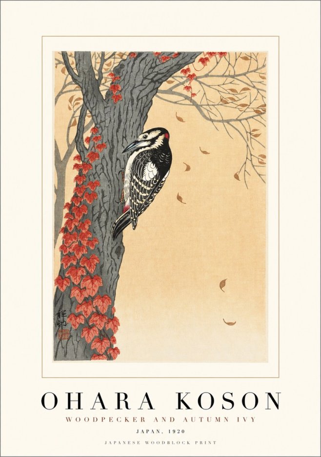 Ohara Koson Woodpecker and Autumn Ivy No1 - Poster
