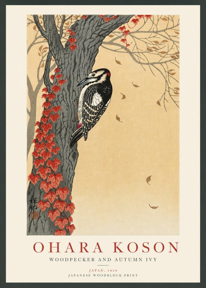 Ohara Koson Woodpecker and Autumn Ivy No3 - Poster