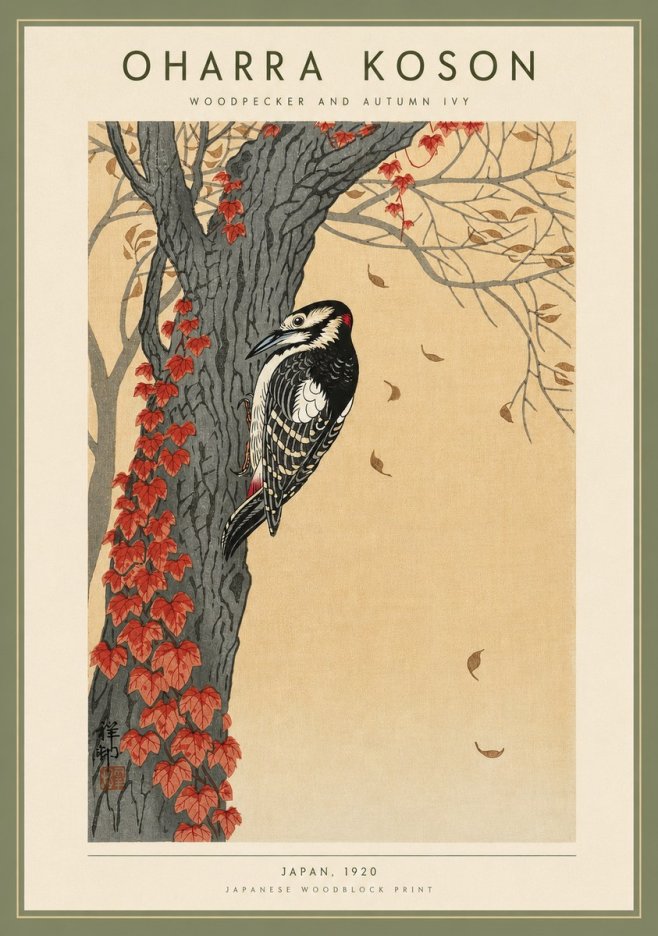 Ohara Koson Woodpecker and Autumn Ivy No4 - Poster