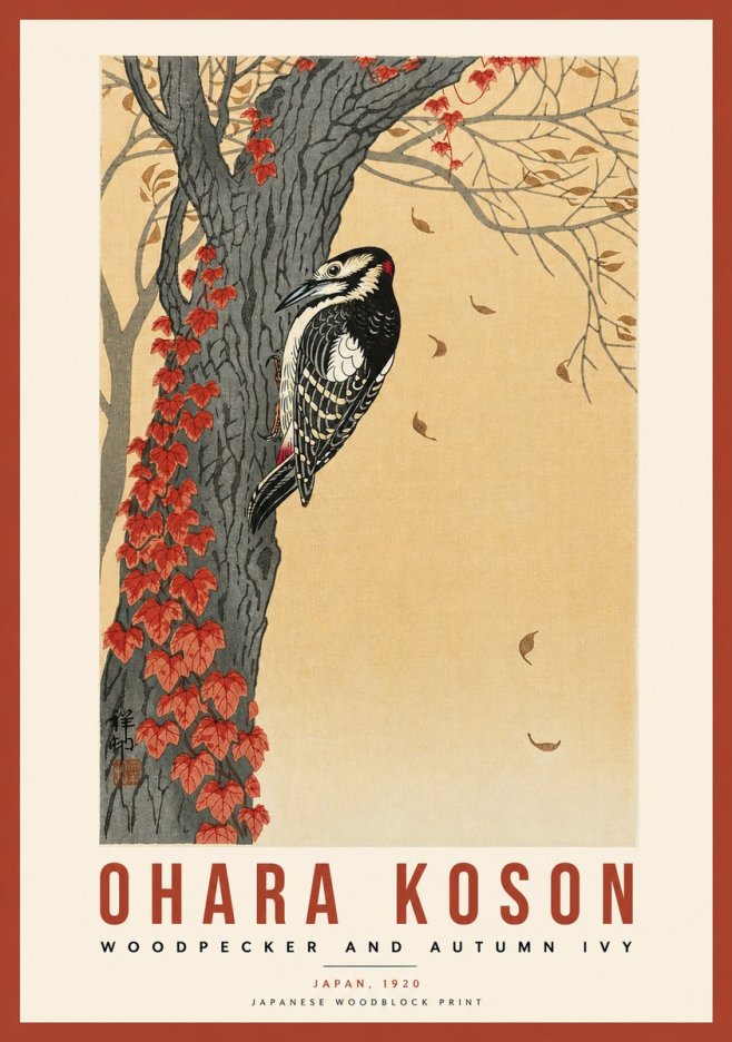Ohara Koson Woodpecker and Autumn Ivy No5 - Poster