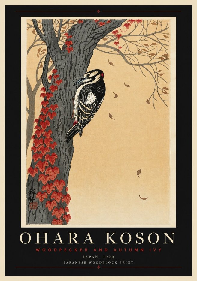 Ohara Koson Woodpecker and Autumn Ivy No6 - Poster