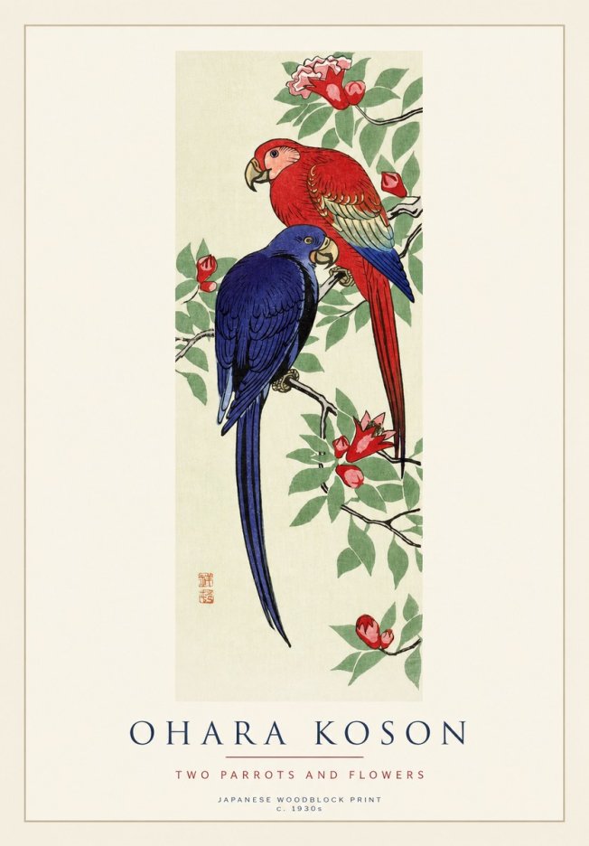 Ohara Koson Two Parrots and Flowers No1 - Poster