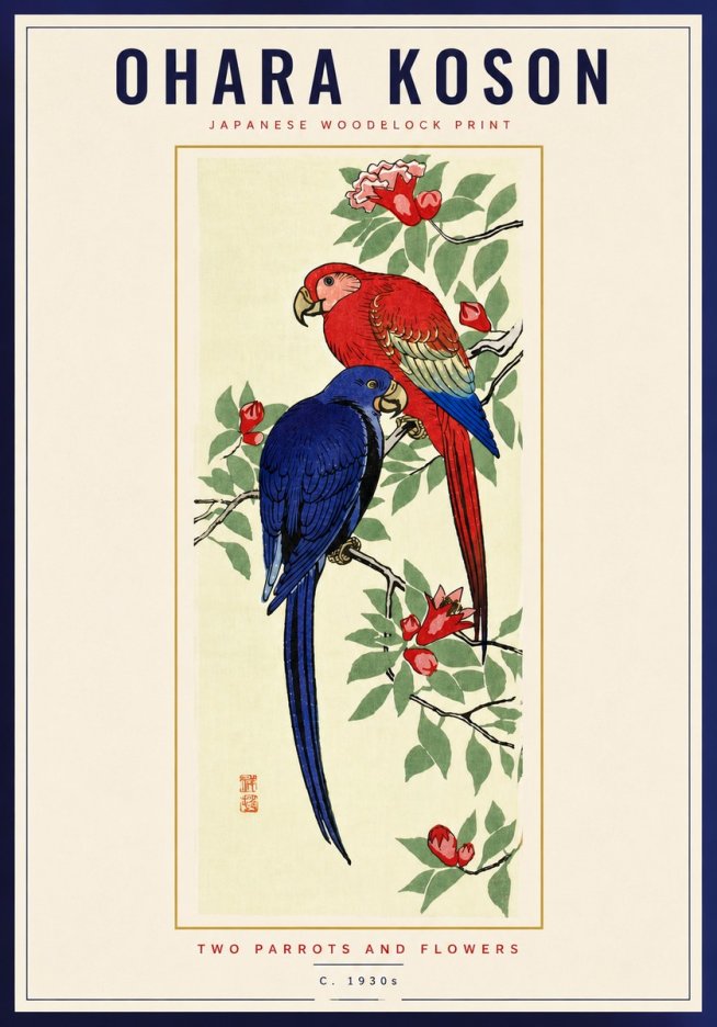 Ohara Koson Two Parrots and Flowers No6 - Poster