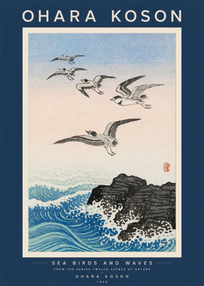 Ohara Koson Sea Birds and Waves No2 - Poster