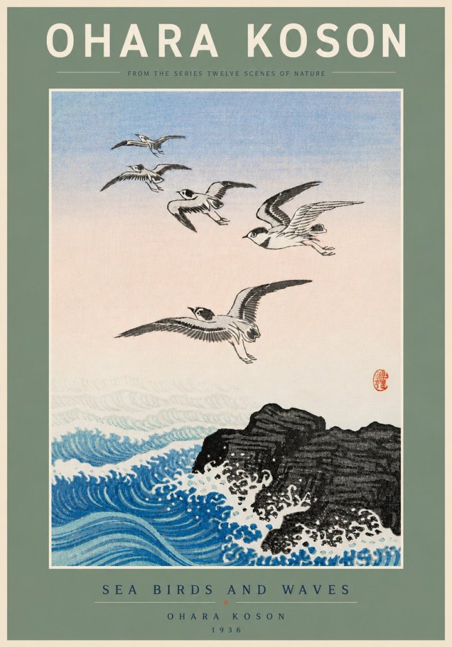 Ohara Koson Sea Birds and Waves No5 - Poster