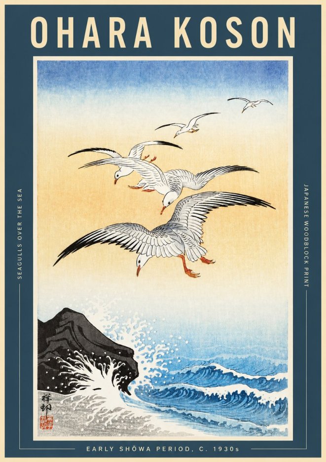 Ohara Koson Seagulls over the Sea No2 - Poster
