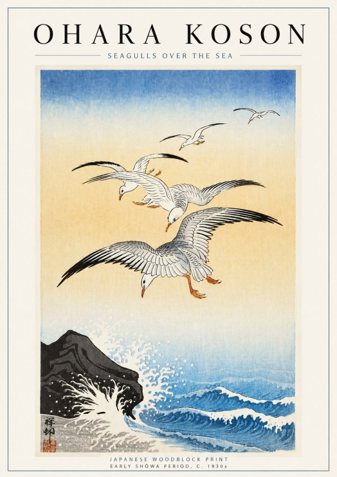 Ohara Koson Seagulls over the Sea No6 - Poster