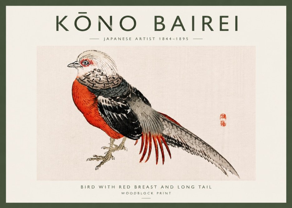 Kōno Bairei Bird with Red Breast and Long Tail No6 - Poster