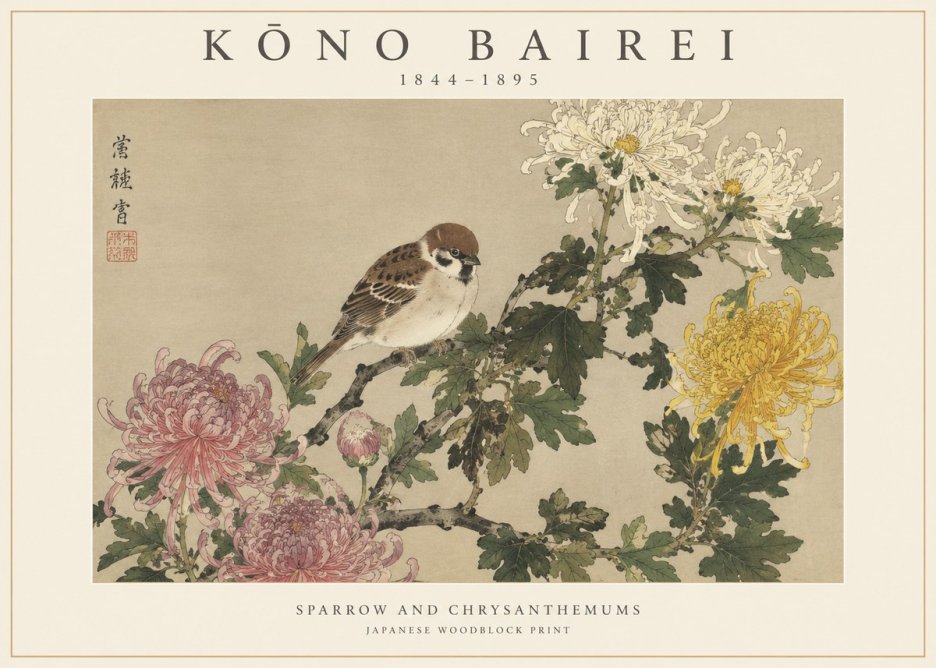 Kōno Bairei Sparrow and Chrysanthemums No1 - Poster