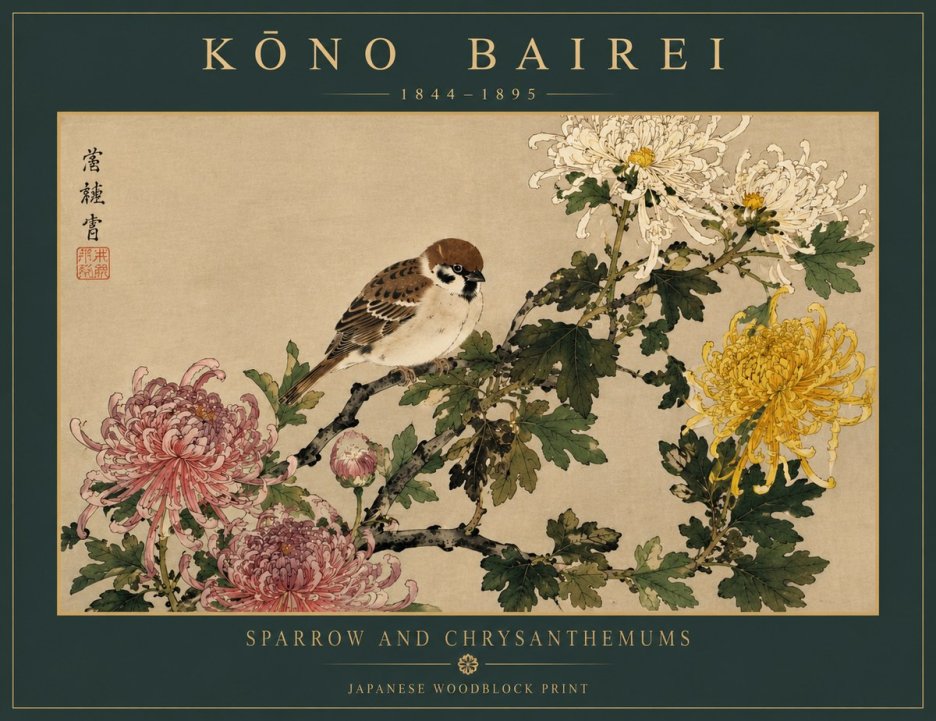 Kōno Bairei Sparrow and Chrysanthemums No5 - Poster