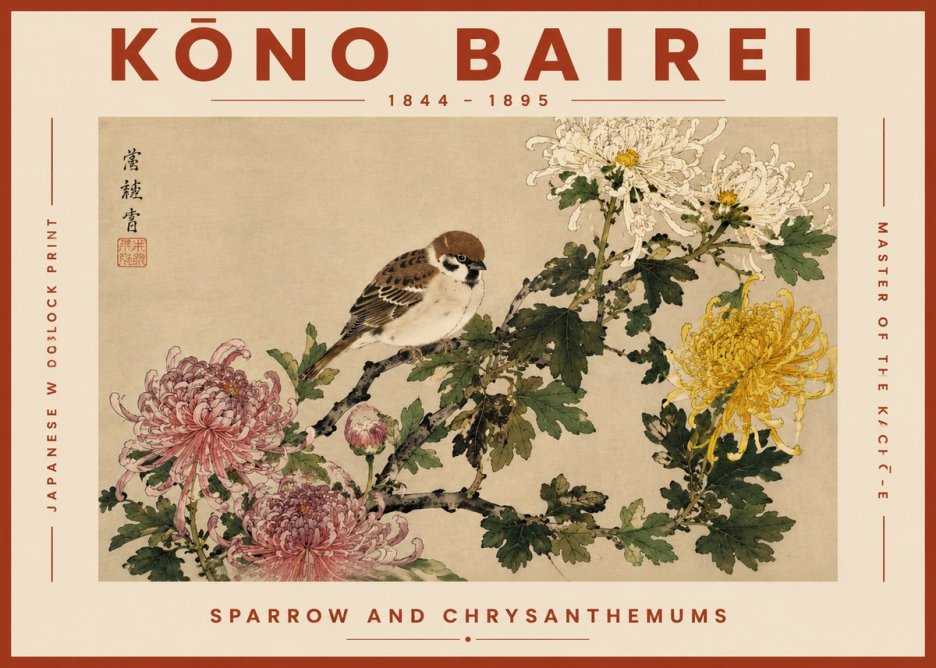 Kōno Bairei Sparrow and Chrysanthemums No6 - Poster