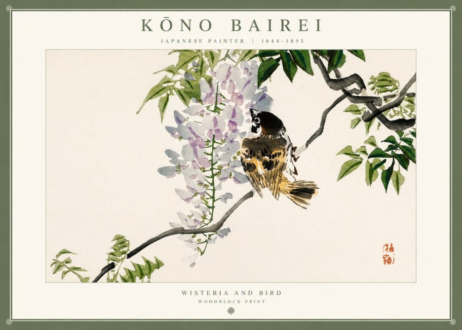 Kōno Bairei Wisteria and Bird No1 - Poster