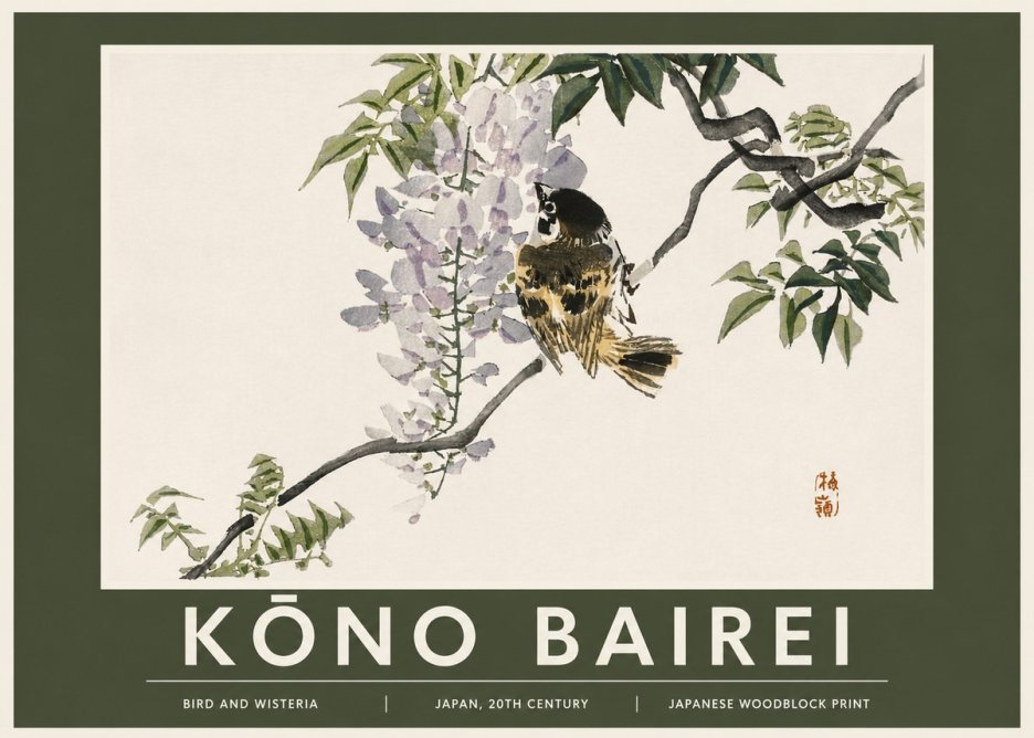 Kōno Bairei Wisteria and Bird No3 - Poster