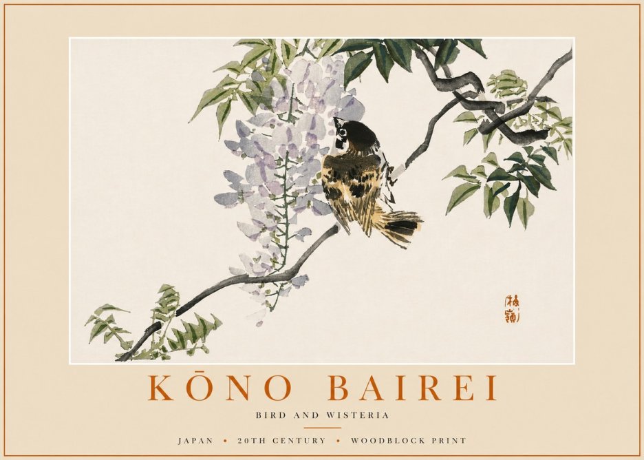 Kōno Bairei Wisteria and Bird No6 - Poster