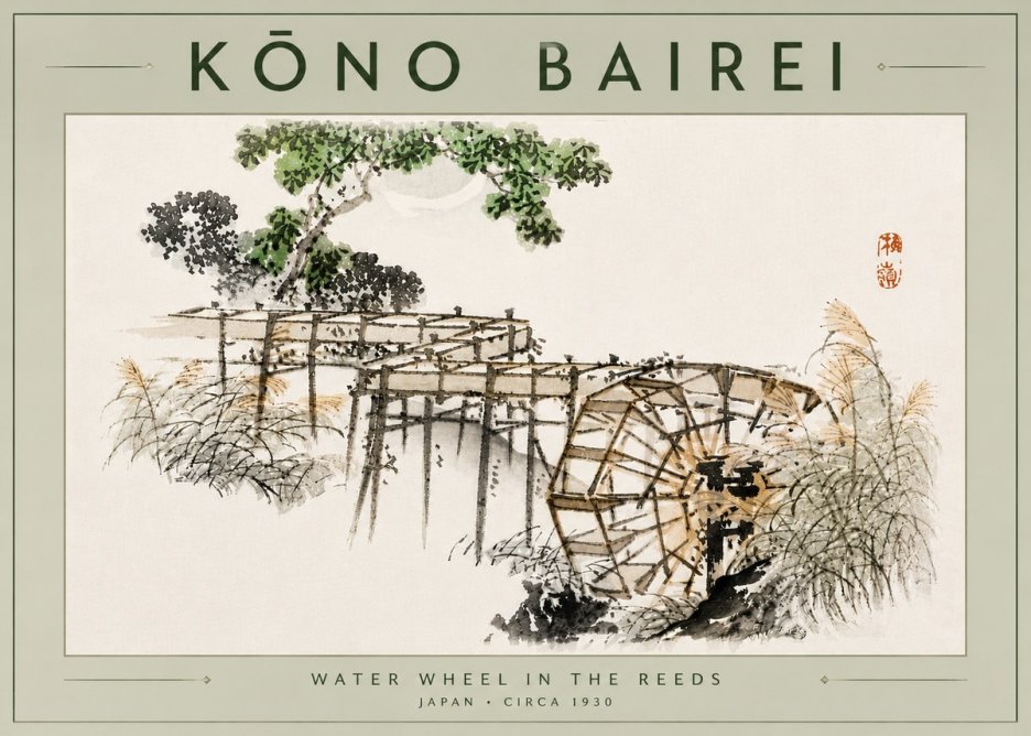 Kōno Bairei Water Wheel in the Reeds No6 - Poster