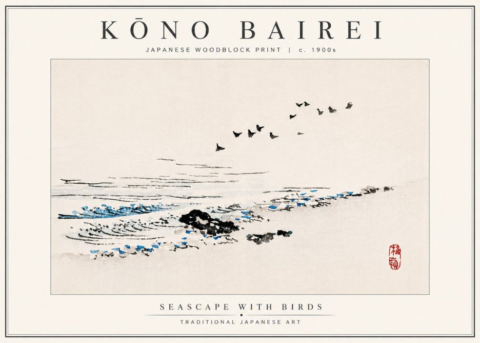 Kōno Bairei Seascape with Birds No4 - Poster