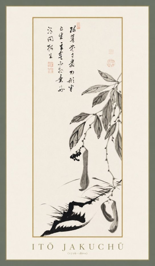 Itō Jakuchū Branch with Pods and Calligraphy No1 - Poster