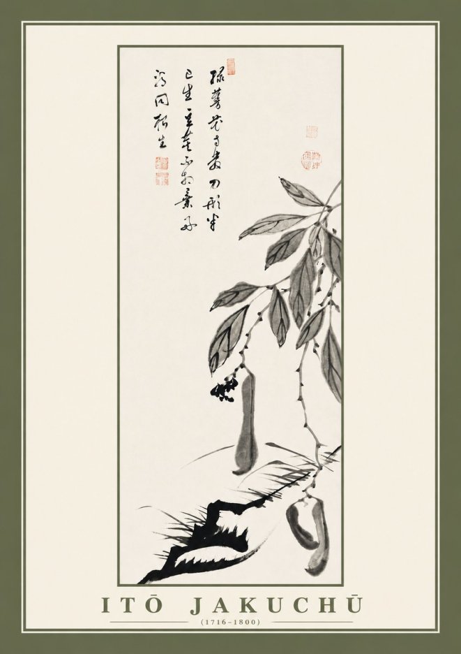 Itō Jakuchū Branch with Pods and Calligraphy No2 - Poster